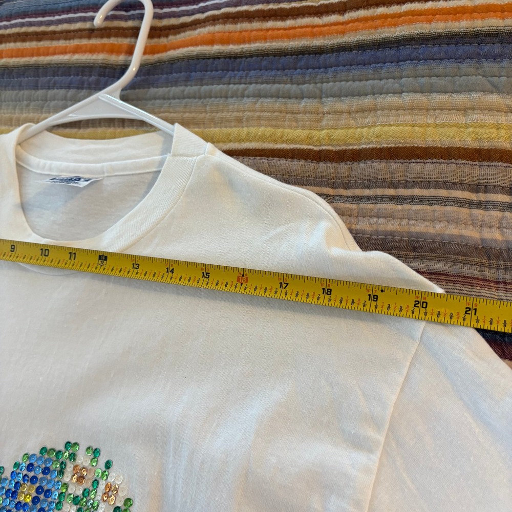 Vintage Hanes Beefy-T White Long Sleeve Sequin Heart Floral Shirt Large L - Picture 5 of 8